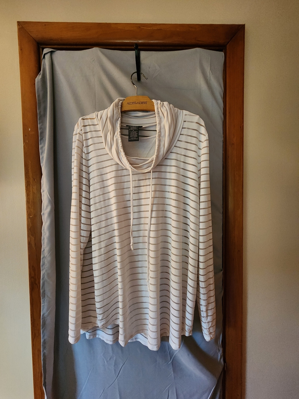 Chelsea & Theodore Cream and Taupe Striped Cowl Pullover with Drawstring
